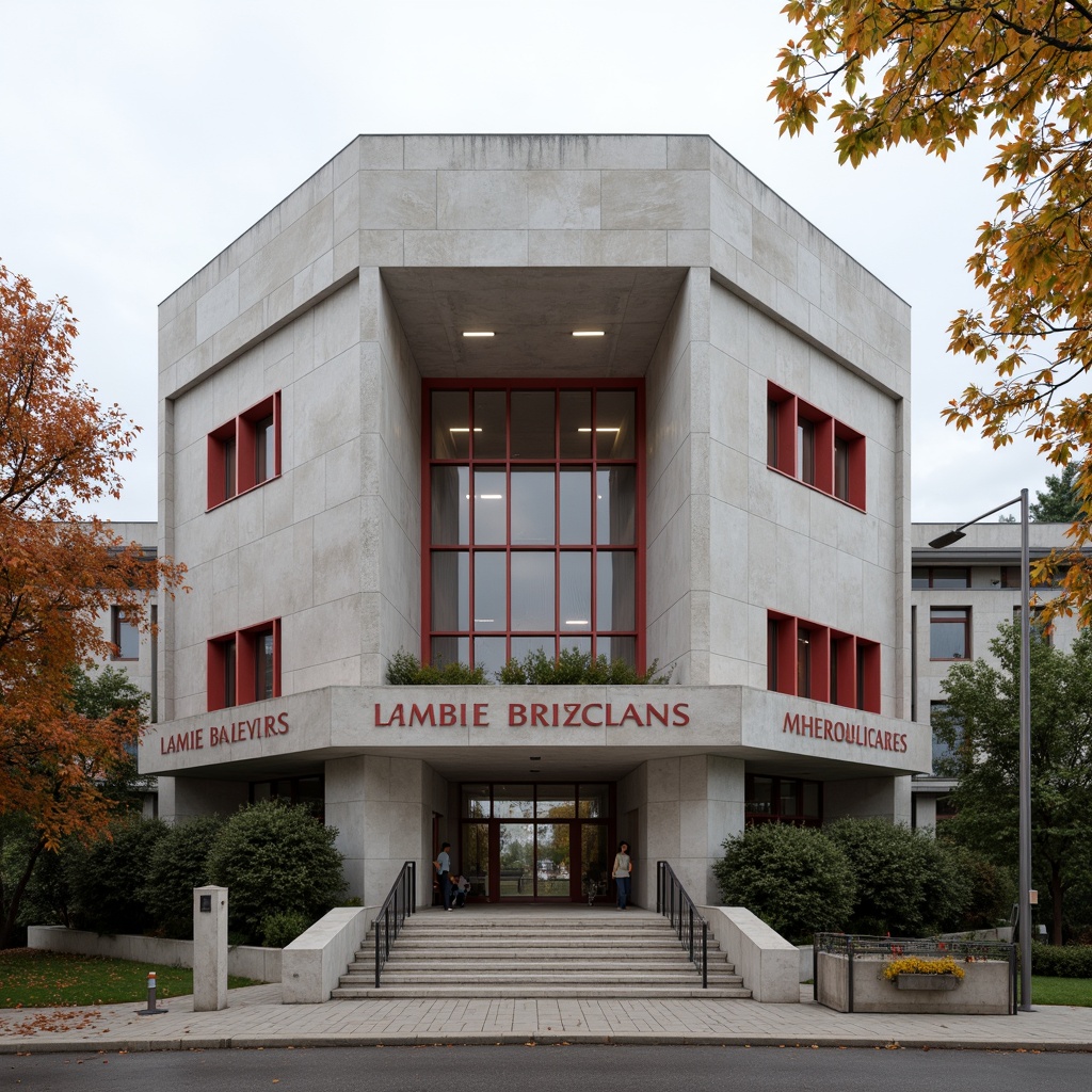 Prompt: Monumental university building, constructivist architecture, brutalist concrete facade, geometric patterns, angular lines, asymmetrical composition, bold red accents, industrial metal railings, functionalism-inspired design, educational institution signage, mature tree surroundings, autumn foliage, overcast sky, soft diffused lighting, 2/3 composition, realistic textures, ambient occlusion.