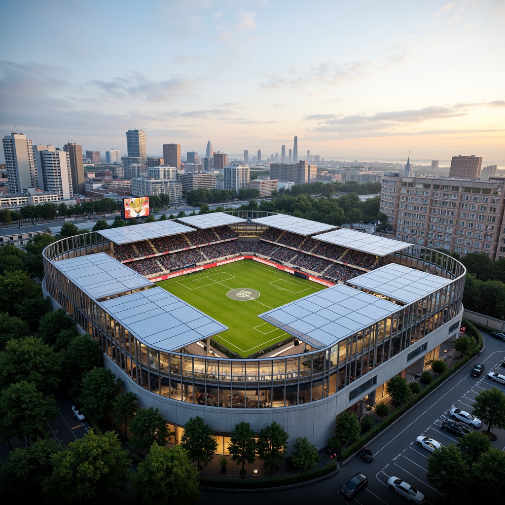 Prompt: Transparent stadium fa\u00e7ade, sleek metal framework, cantilevered roofs, expansive open spaces, natural ventilation systems, minimal material usage, optimized energy efficiency, stunning cityscape views, daytime illumination, soft warm glow, shallow depth of field, 3/4 composition, panoramic view, realistic textures, ambient occlusion, modern architectural design, dynamic LED lighting, futuristic aesthetics, crowd-filled seating areas, athletic tracks, football fields, soccer goals, scoreboard displays.