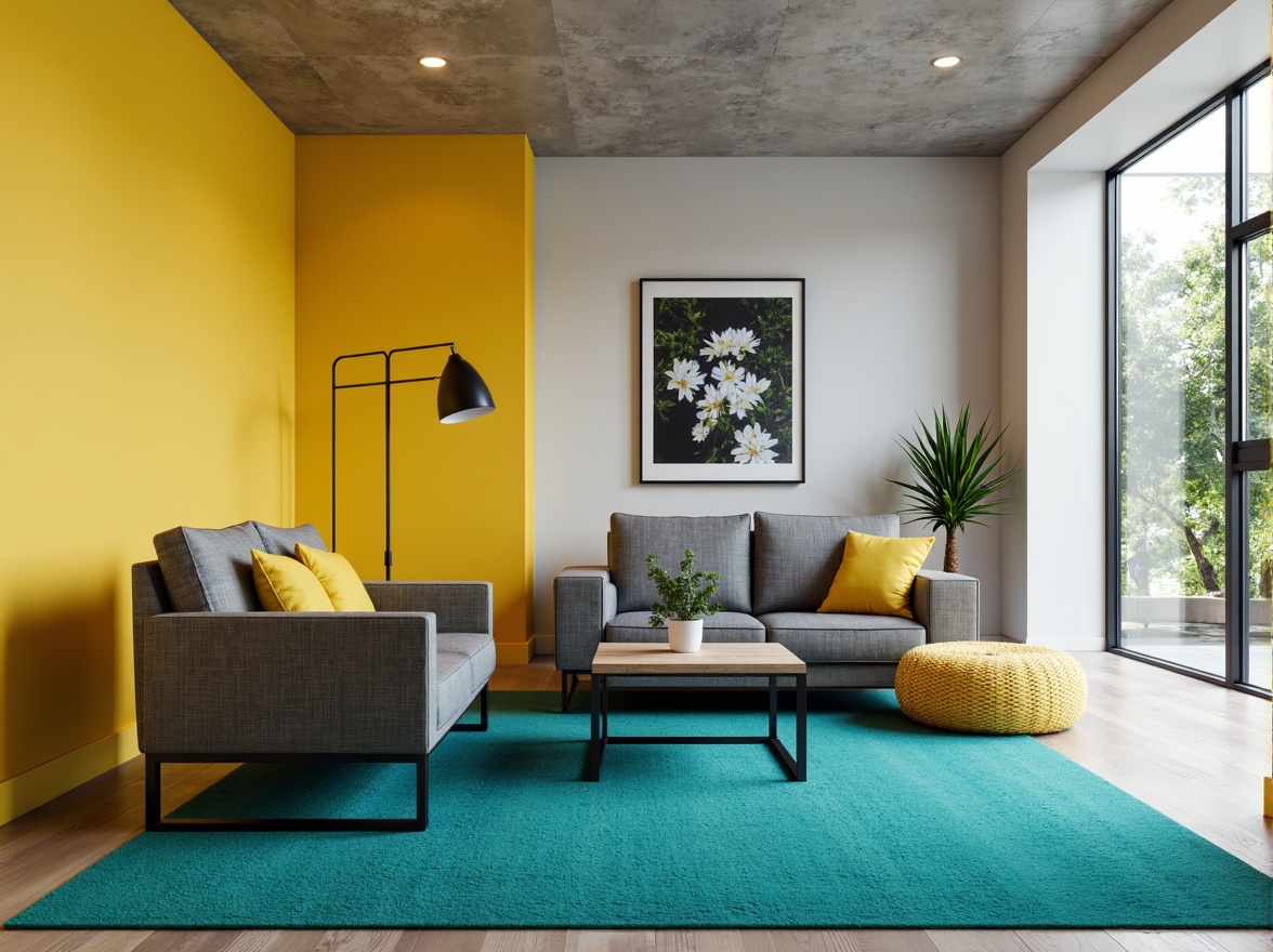 Prompt: Monochromatic minimalist interior, sleek low-profile furniture, bold accent walls, vibrant yellow throw pillows, rich turquoise area rugs, matte black metal frames, subtle texture contrasts, natural light pouring in, airy open spaces, 1/1 composition, softbox lighting, realistic reflections, ambient occlusion.