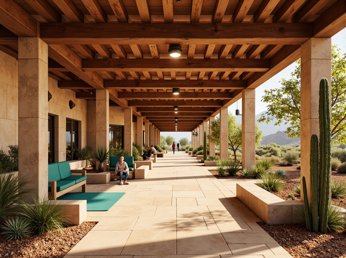 Prompt: Desert oasis metro station, warm beige stone walls, sandy dunes-inspired flooring, turquoise accents, vibrant cactus greenery, rustic metal beams, earthy terracotta tones, soft warm lighting, shallow depth of field, 3/4 composition, panoramic view, realistic textures, ambient occlusion.