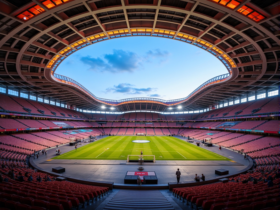 Prompt: Vibrant football stadium, curved lines, dynamic shapes, metallic materials, bold color schemes, illuminated LED lights, retractable roofs, angular facades, futuristic architecture, massive scale, urban landscape, evening atmosphere, warm golden lighting, low-angle shot, 1/1 composition, realistic reflections, ambient occlusion.