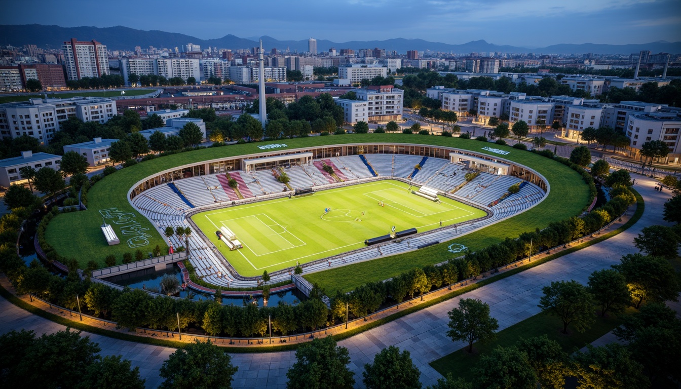 Prompt: Panoramic stadium views, lush green roofs, natural stone fa\u00e7ades, curved lines, modern architecture, integrated landscape design, athletic tracks, football fields, soccer pitches, tennis courts, spectator seating, sunken gardens, water features, pedestrian walkways, bike paths, urban plaza, vibrant cityscape, dramatic night lighting, shallow depth of field, 3/4 composition, realistic textures, ambient occlusion.