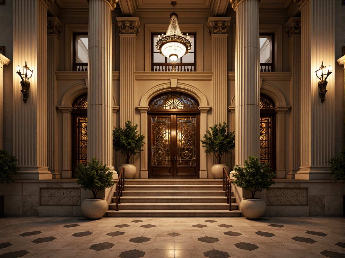 Prompt: Grandiose courthouse entrance, neoclassical architecture style, ornate stone columns, symmetrical facade, grand staircase, majestic bronze doors, intricate metalwork details, marble flooring, high ceilings, elegant chandeliers, subtle warm lighting, shallow depth of field, 1/1 composition, central axis symmetry, realistic textures, ambient occlusion.