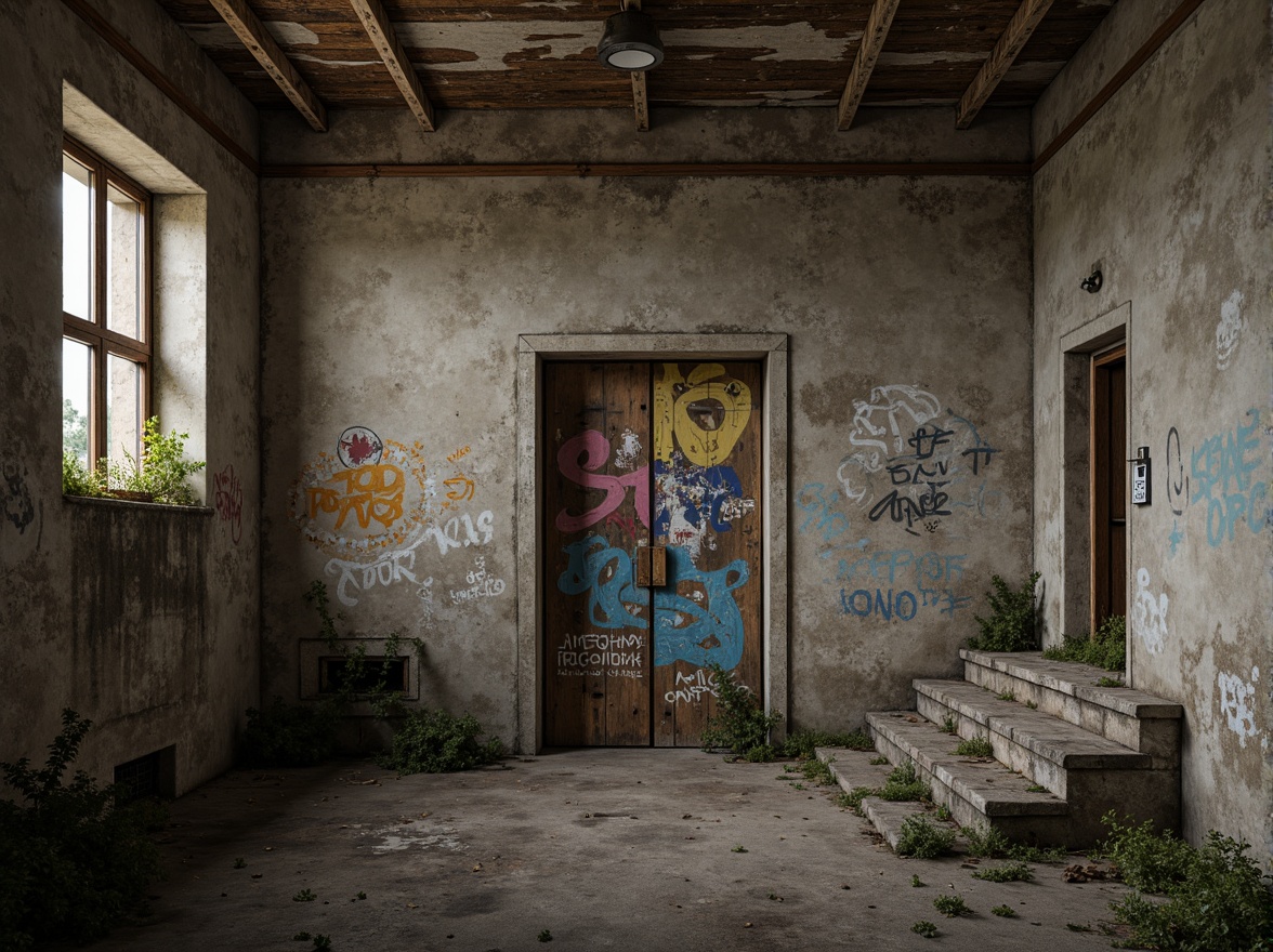 Prompt: Weathered plastered concrete walls, rough tactile texture, earthy tone, industrial aesthetic, urban decay, abandoned buildings, distressed finishes, peeling paint, rusty metal accents, worn stone steps, faded graffiti, atmospheric lighting, high contrast shadows, cinematic composition, shallow depth of field, 1/1 aspect ratio, realistic render.