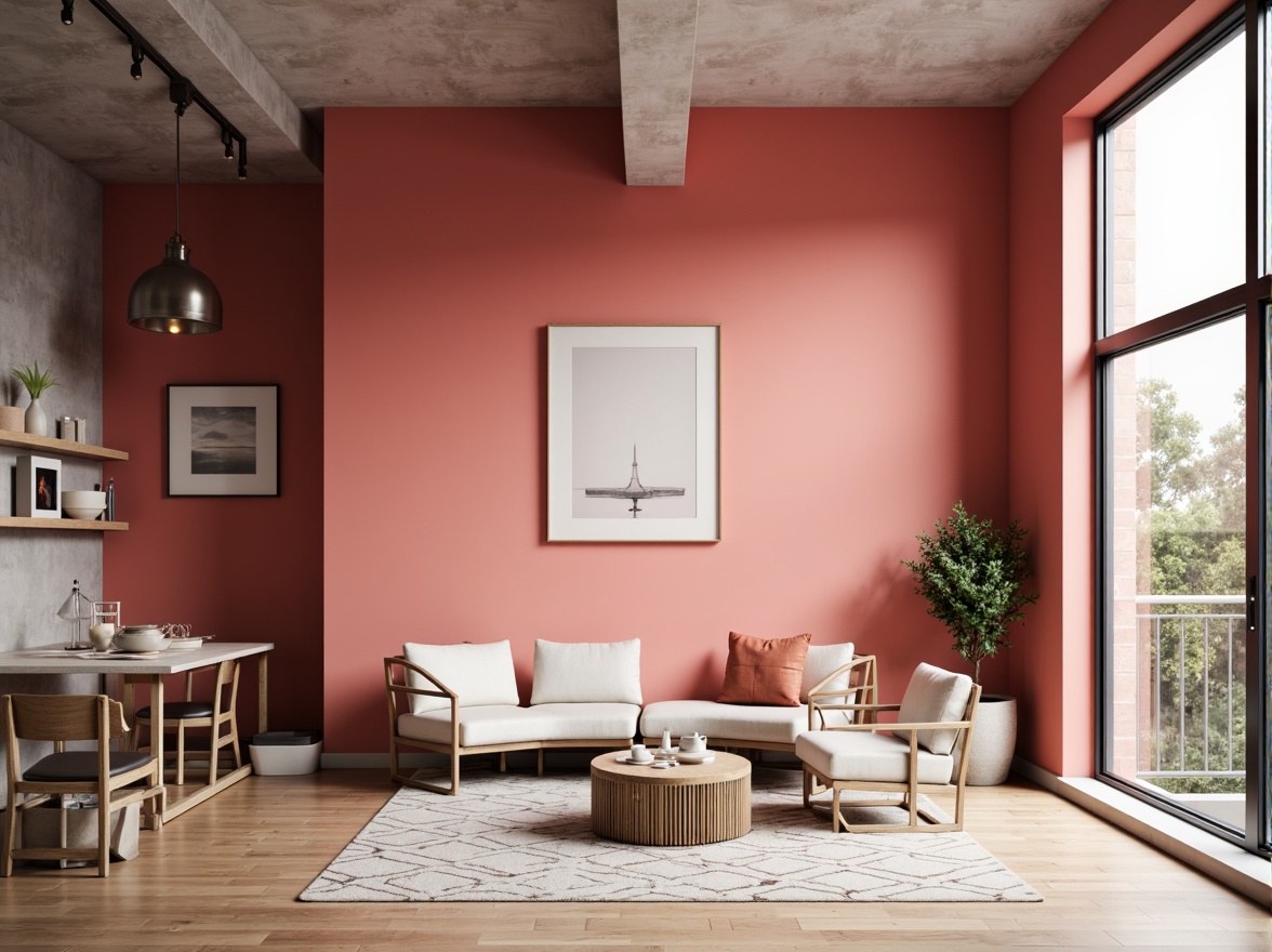 Prompt: Monochromatic minimalist interior, bold accent walls, vibrant coral pink hues, sleek metal frames, Scandinavian-inspired furniture, natural wood textures, geometric patterned rugs, industrial-chic lighting fixtures, airy open spaces, subtle gradient effects, shallow depth of field, 1/1 composition, realistic reflections, ambient occlusion.