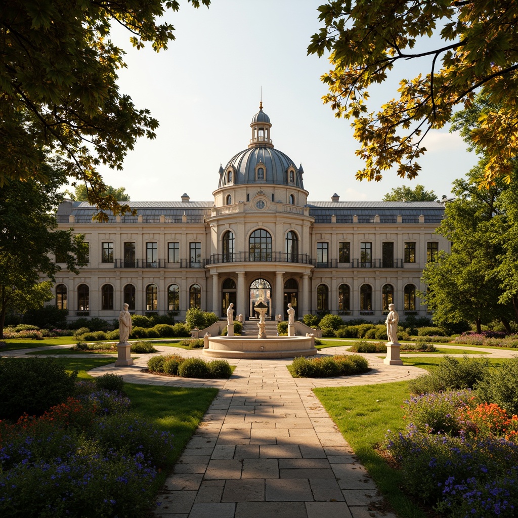 Prompt: Ornate baroque palace, manicured lawns, symmetrical gardens, ornamental fountains, statues of mythological figures, meandering stone pathways, vibrant flowerbeds, lush greenery, majestic trees with twisted branches, warm golden lighting, dramatic shadows, 3/4 composition, shallow depth of field, realistic textures, ambient occlusion.