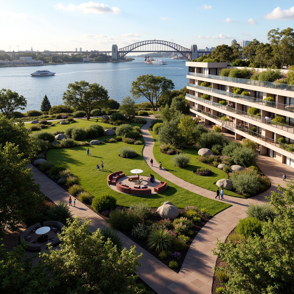 Prompt: Vibrant green roofs, lush gardens, native Australian flora, walking paths, outdoor seating areas, modern social housing, curved balconies, angular architecture, Sydney Harbour views, sunny day, soft warm lighting, shallow depth of field, 3/4 composition, panoramic view, realistic textures, ambient occlusion, cultural heritage integration, waterfront promenade, public art installations, community gathering spaces, sustainable urban planning.