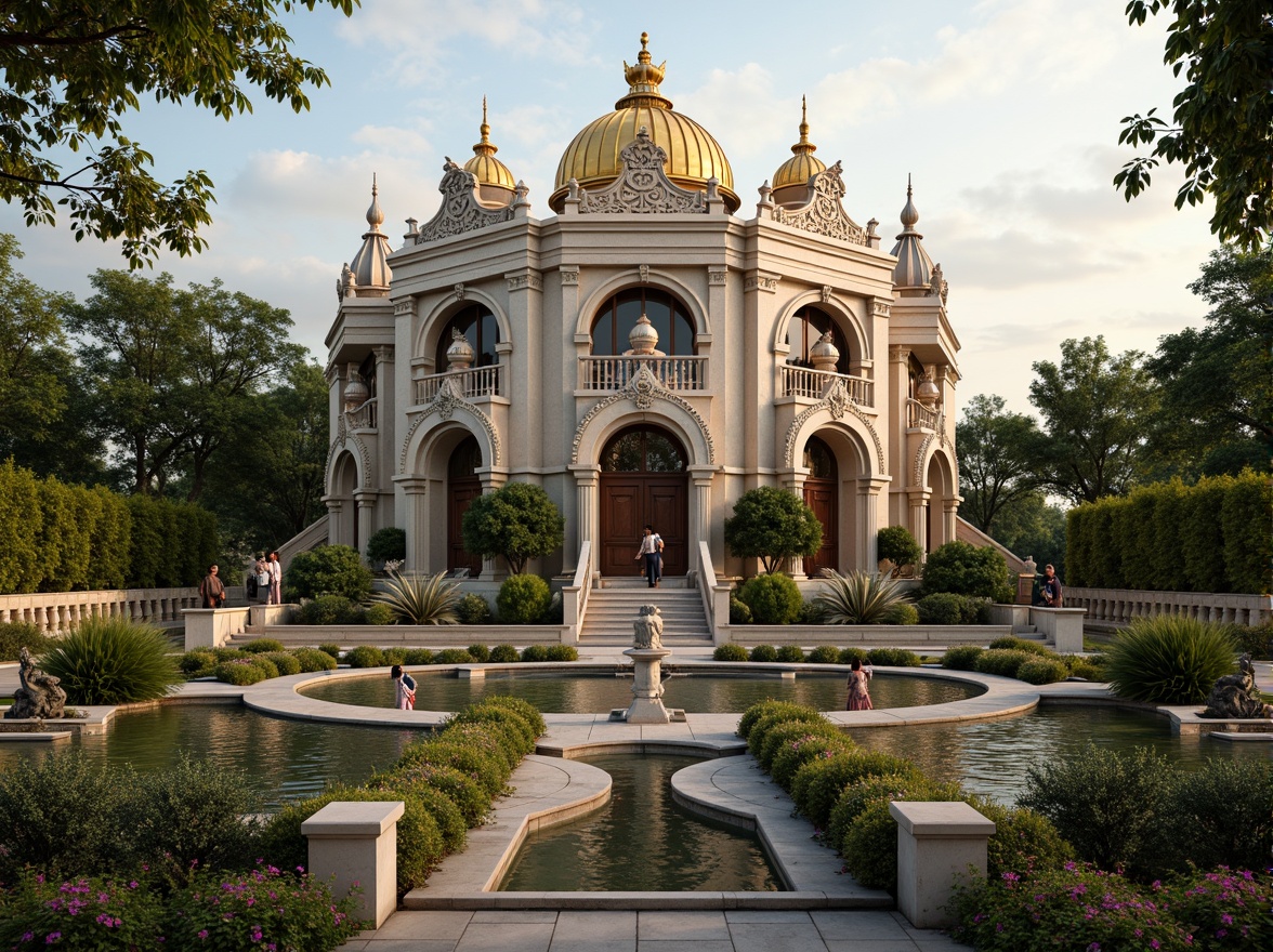 Prompt: Ornate planetarium facade, Baroque-style architectural details, grandiose entrance, golden domes, intricate stone carvings, ornamental clock towers, celestial body-inspired sculptures, lavish fountains, surrounding gardens with lush greenery, vibrant flowers, winding pathways, soft warm lighting, shallow depth of field, 3/4 composition, panoramic view, realistic textures, ambient occlusion.