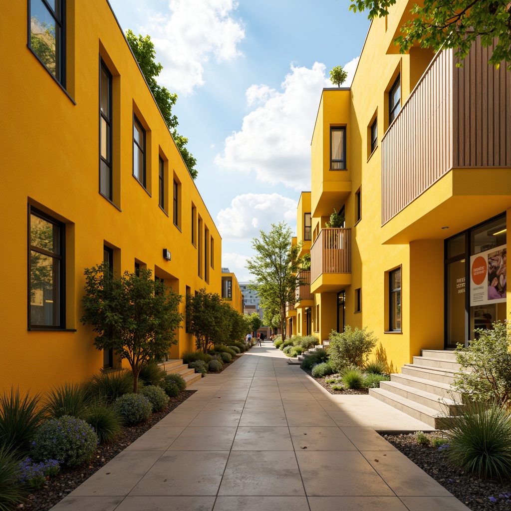 Prompt: Vibrant yellow walls, rectangular shapes, clean lines, minimal ornaments, functional windows, flat roofs, playful murals, educational signage, dynamic staircases, open corridors, natural stone floors, warm wooden accents, abundant greenery, sunny day, soft warm lighting, shallow depth of field, 3/4 composition, panoramic view, realistic textures, ambient occlusion.