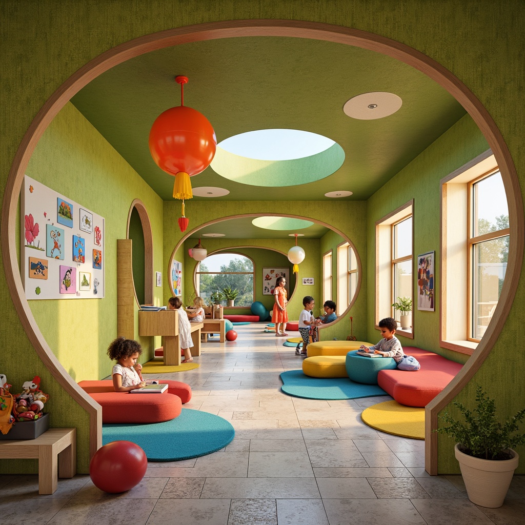 Prompt: Whimsical kindergarten, curved blob-like structures, playful rounded edges, vibrant color palette, natural wood accents, soft greenery walls, organic shape-inspired furniture, wavy lines, irregular forms, cozy reading nooks, imaginative play areas, educational murals, textured stone floors, abundant natural light, warm atmospheric lighting, shallow depth of field, 1/1 composition, intimate scale, inviting atmosphere, realistic textures.