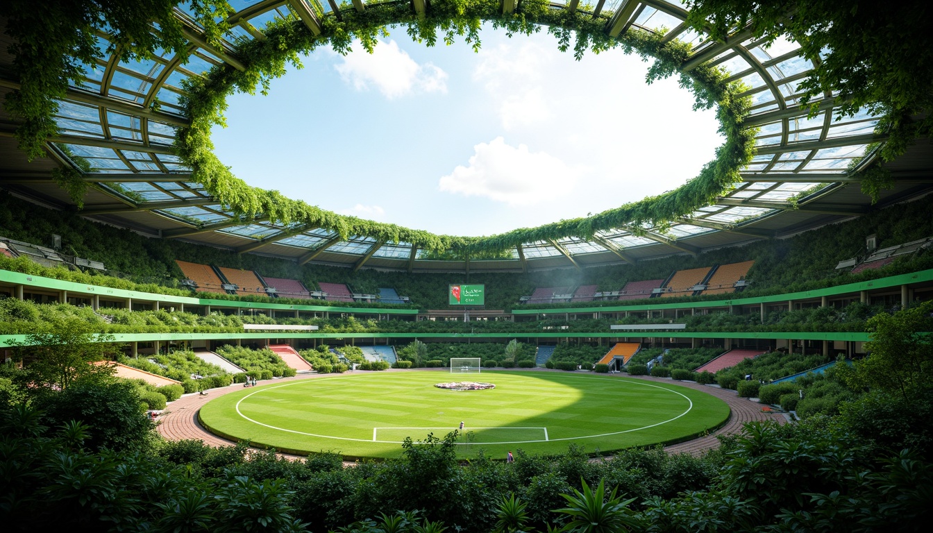 Prompt: Curved green stadium, lush vegetation walls, translucent canopy roof, natural ventilation systems, solar panels, wind turbines, recycled water features, eco-friendly materials, futuristic fa\u00e7ade design, angular lines, dynamic LED lighting, vibrant colorful accents, intricate geometric patterns, shallow depth of field, 3/4 composition, panoramic view, realistic textures, ambient occlusion.