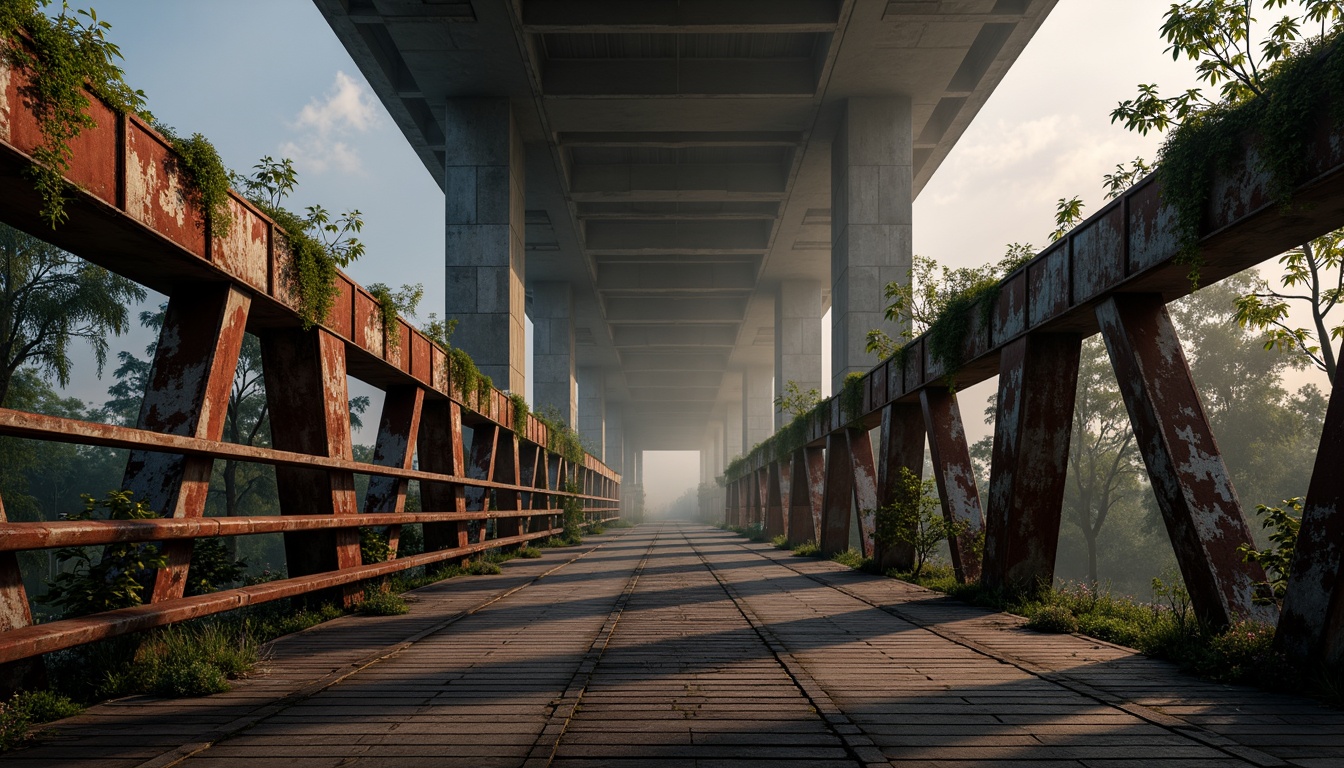 Prompt: Rugged brutalist bridge, industrial metal structures, raw concrete textures, weathered steel beams, bold geometric shapes, muted earth tones, rusty red accents, deep charcoal grays, worn wooden planks, atmospheric mist, soft warm lighting, dramatic shadows, low-angle photography, cinematic composition, realistic reflections, ambient occlusion.