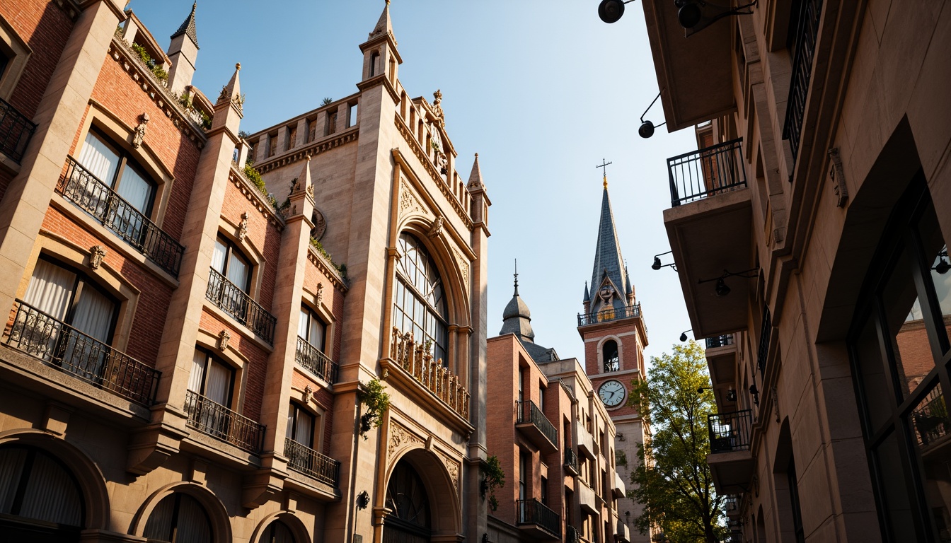 Prompt: Ornate Gothic spires, intricately carved stone facades, grandiose entrance archways, lavish balconies, ornamental ironwork railings, vibrant stained glass windows, delicate filigree accents, majestic clock towers, rustic brick textures, warm golden lighting, shallow depth of field, 1/1 composition, symmetrical perspective, realistic architectural rendering, ambient occlusion.