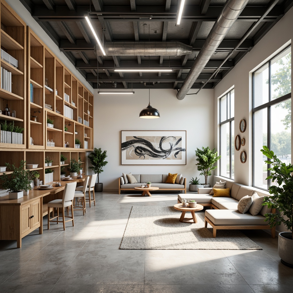 Prompt: Minimalist market interior, open floor plan, natural light, industrial chic decor, exposed ductwork, polished concrete floors, reclaimed wood accents, sleek metal beams, neutral color palette, Scandinavian-inspired furniture, geometric patterns, abstract artwork, modern pendant lighting, airy atmosphere, shallow depth of field, 1/1 composition, realistic textures, ambient occlusion.