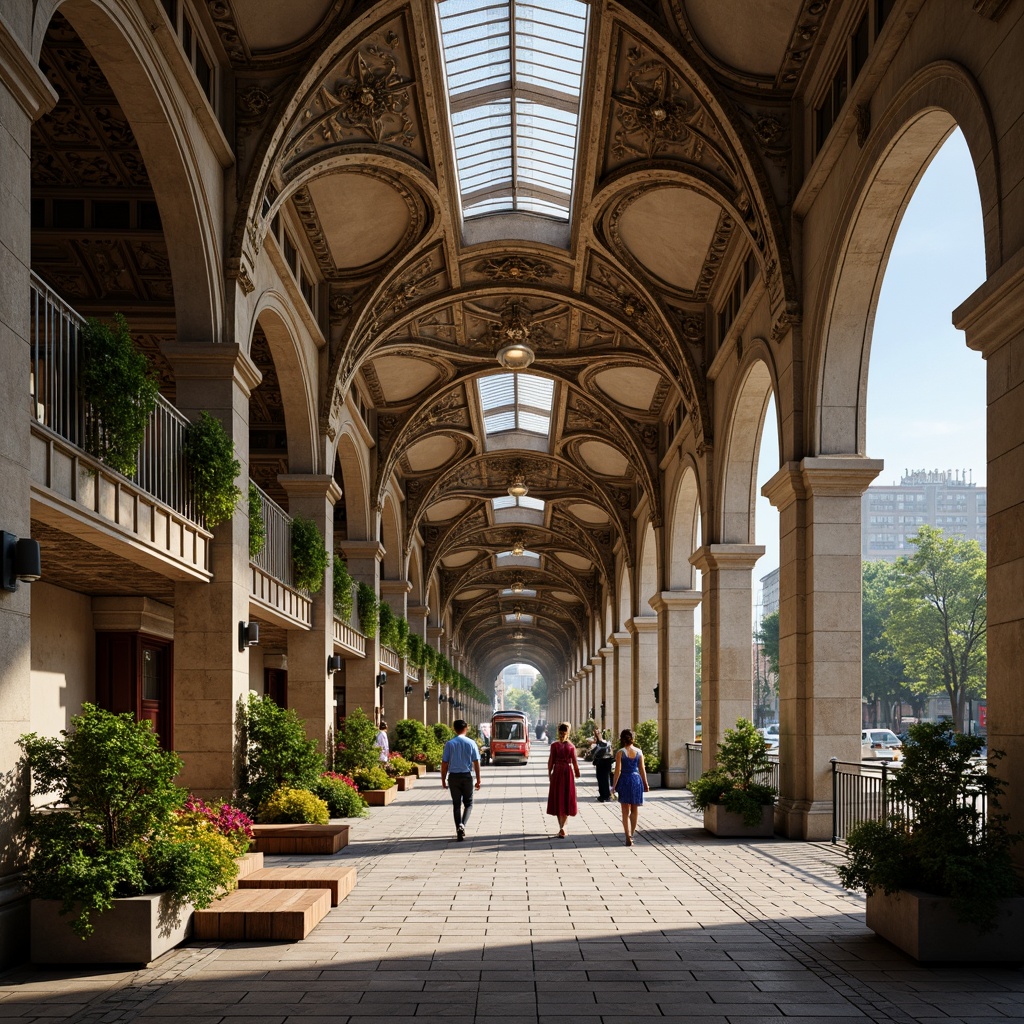 Prompt: Grand metro station, Romanesque architecture, intricately carved stone facades, ornate columns, vaulted ceilings, grand archways, lush greenery, vibrant flowers, natural stone walkways, cobblestone pavement, classic street lamps, warm soft lighting, shallow depth of field, 1/1 composition, realistic textures, ambient occlusion, urban cityscape, busy streets, modern amenities, futuristic transportation systems.