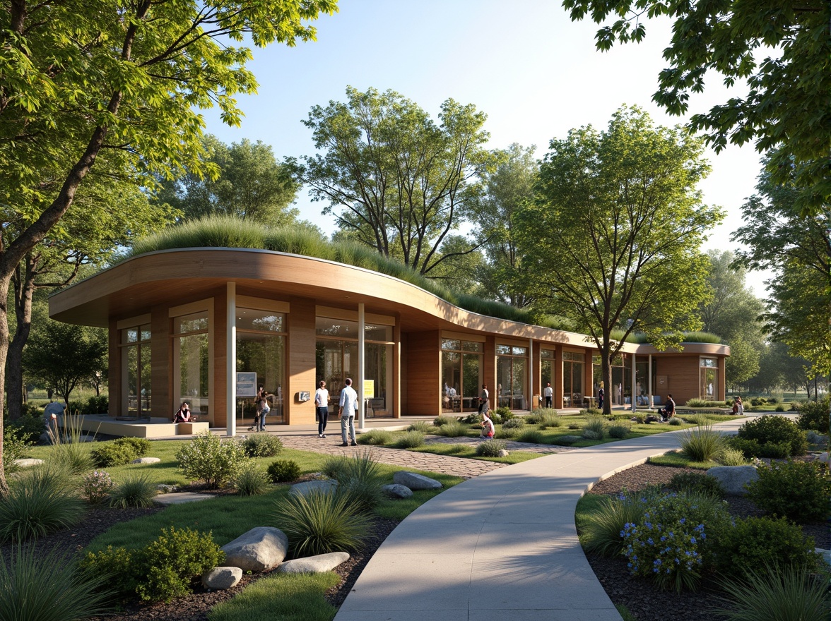 Prompt: Eco-friendly visitor center, green roofs, solar panels, rainwater harvesting systems, recycled materials, natural ventilation, large windows, minimal carbon footprint, modern curved lines, wooden accents, living walls, native plant species, educational signage, interactive exhibits, panoramic views, shallow depth of field, 3/4 composition, warm soft lighting, ambient occlusion.