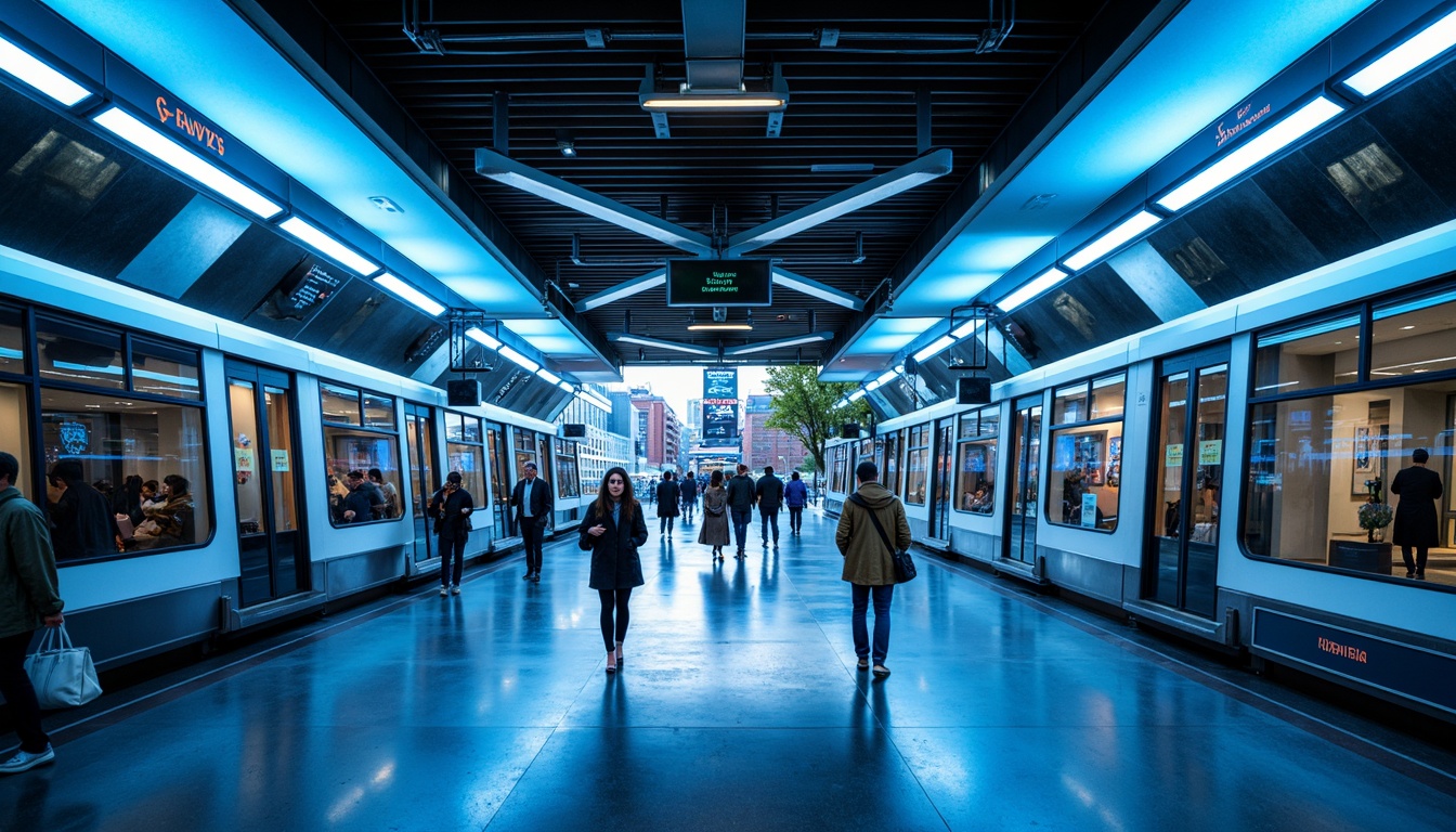 Prompt: Futuristic tram station, neon-lit signage, sleek metallic surfaces, dynamic LED lights, modern angular architecture, high-gloss floors, vibrant blue and silver color scheme, futuristic typography, minimalist design, advanced technology integrations, urban cityscape, bustling commuter activity, overhead tracks, electric train cars, panoramic windows, shallow depth of field, 3/4 composition, realistic textures, ambient occlusion.