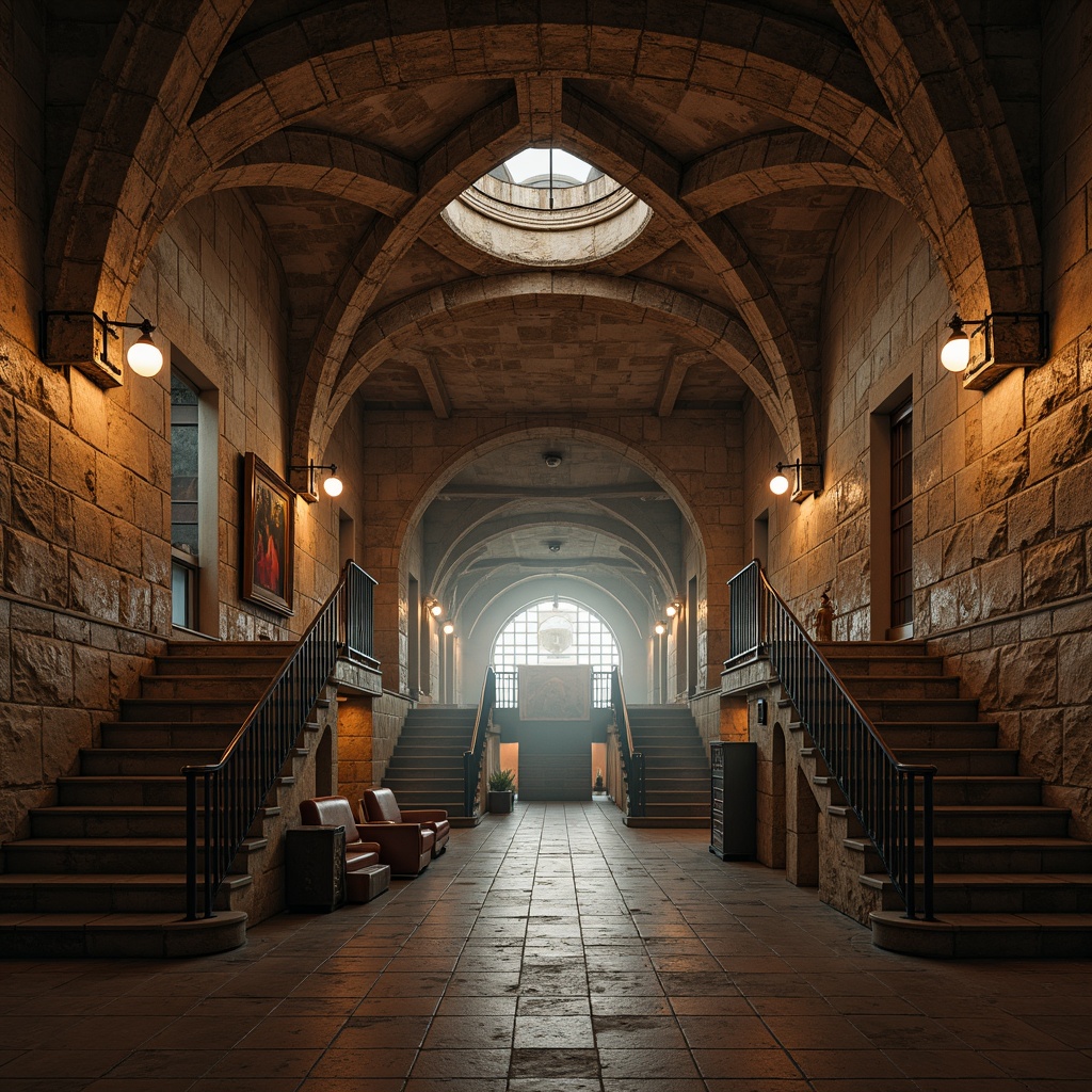 Prompt: Rustic metro station, arched vaults, stone walls, ornate carvings, grand staircases, wrought iron railings, earthy tones, rough-hewn stones, brickwork patterns, groin vault ceilings, ribbed arches, sturdy columns, weathered facades, soft warm lighting, atmospheric mist, 1/1 composition, symmetrical framing, realistic textures, ambient occlusion.