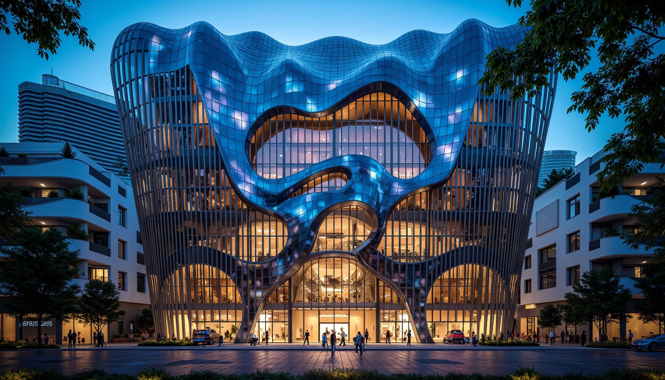 Prompt: Ornate opera house facade, curvaceous lines, biomimetic patterns, iridescent colors, translucent glass, undulating rooftops, cantilevered balconies, futuristic materials, kinetic architecture, adaptive shading systems, parametric design, algorithmic modeling, organic shapes, fluid dynamics, bioluminescent accents, dramatic spotlights, vibrant evening atmosphere, low-angle photography, cinematic composition, shallow depth of field.