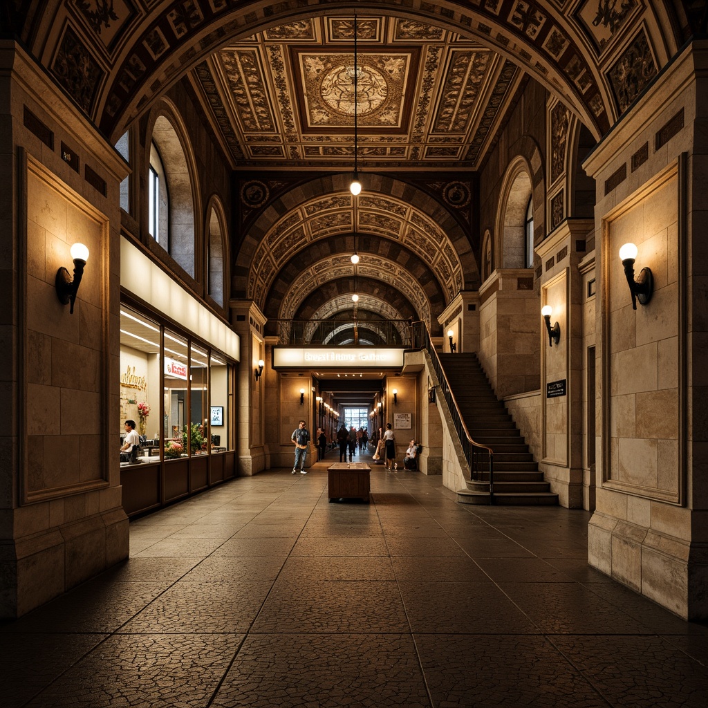 Prompt: Rustic metro station, Romanesque arches, sturdy stone walls, ornate carvings, vaulted ceilings, grand staircases, robust columns, intricate masonry patterns, warm earthy tones, ambient lighting, shallow depth of field, 3/4 composition, panoramic view, realistic textures, ambient occlusion, underground atmosphere, urban transportation hub, bustling commuter activity.