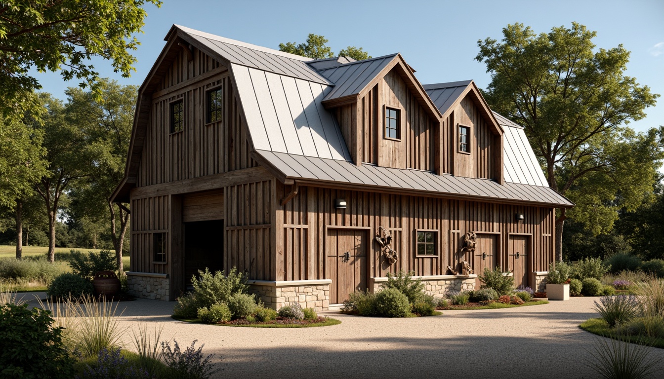 Prompt: Rustic barn, wooden beams, exposed trusses, metal roofing, vintage farm tools, natural stone foundations, earthy color palette, distressed wood textures, weathered metal accents, symmetrical facade, gambrel roofs, dormer windows, rustic wooden doors, overgrown vegetation, sunny rural landscape, warm soft lighting, shallow depth of field, 1/1 composition, realistic rustic materials, ambient occlusion.