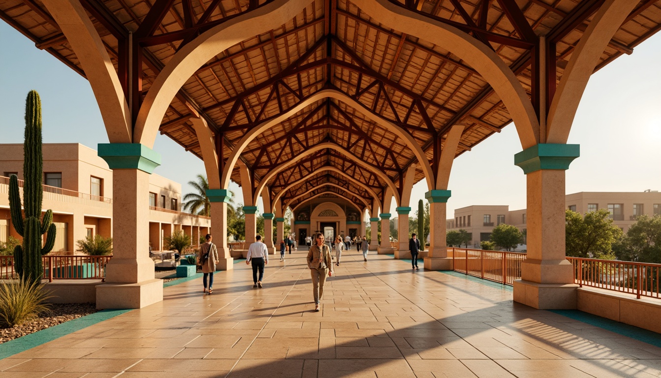 Prompt: Vibrant metro station, desert-inspired architecture, warm beige walls, sandy brown floors, turquoise accents, cactus-green railings, rusty red metal beams, terracotta-tiled ceilings, natural stone columns, geometric patterns, Arabic-inspired motifs, warm golden lighting, soft ambient glow, shallow depth of field, 3/4 composition, panoramic view, realistic textures, ambient occlusion.