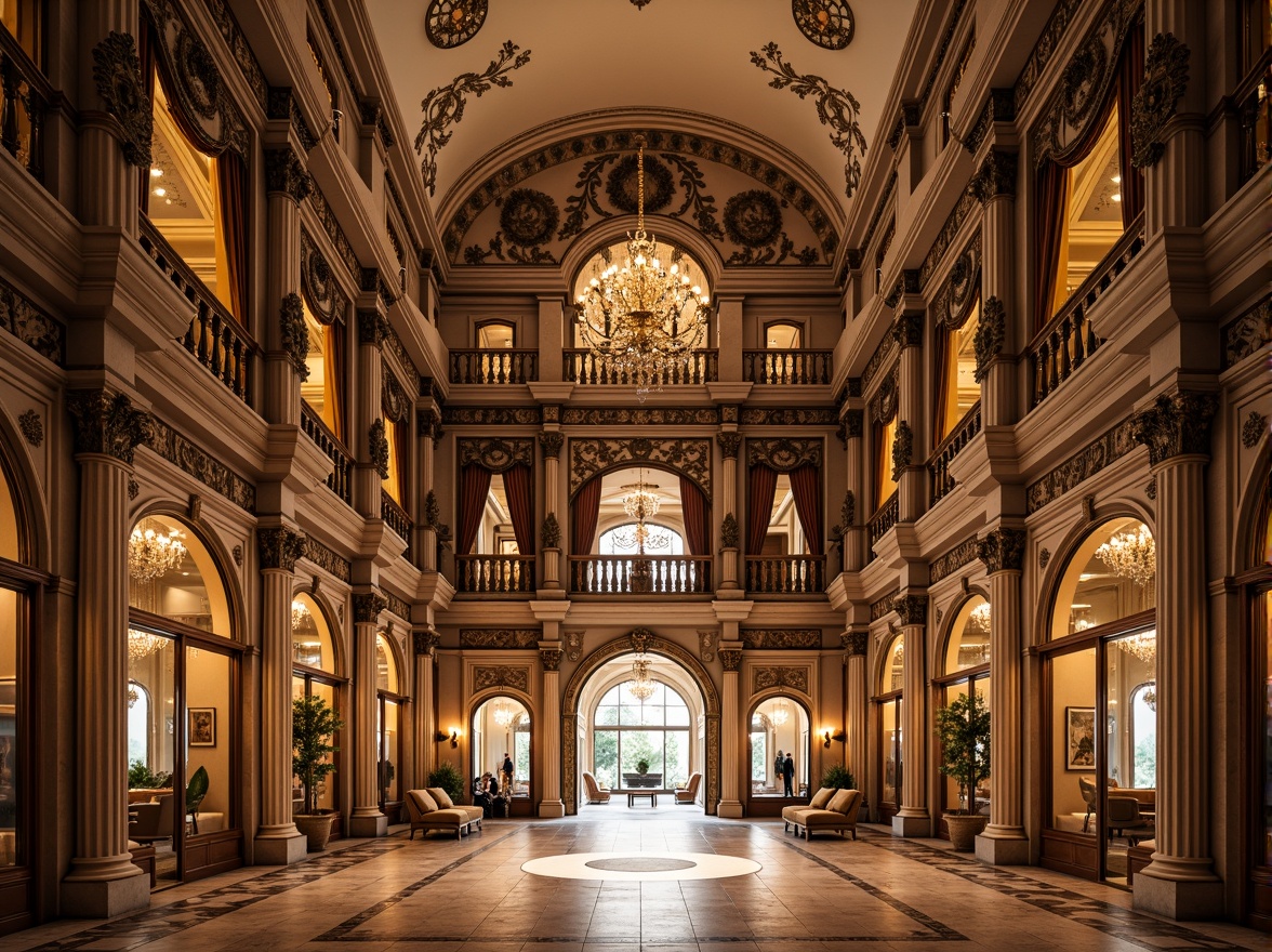 Prompt: Ornate baroque building, grandiose arched windows, intricately carved stone details, ornamental balconies, lavish decorations, symmetrical fa\u00e7ade, opulent interior design, marble floors, crystal chandeliers, luxurious furnishings, dramatic lighting effects, warm golden color palette, highly detailed textures, 1/1 composition, shallow depth of field, realistic rendering.