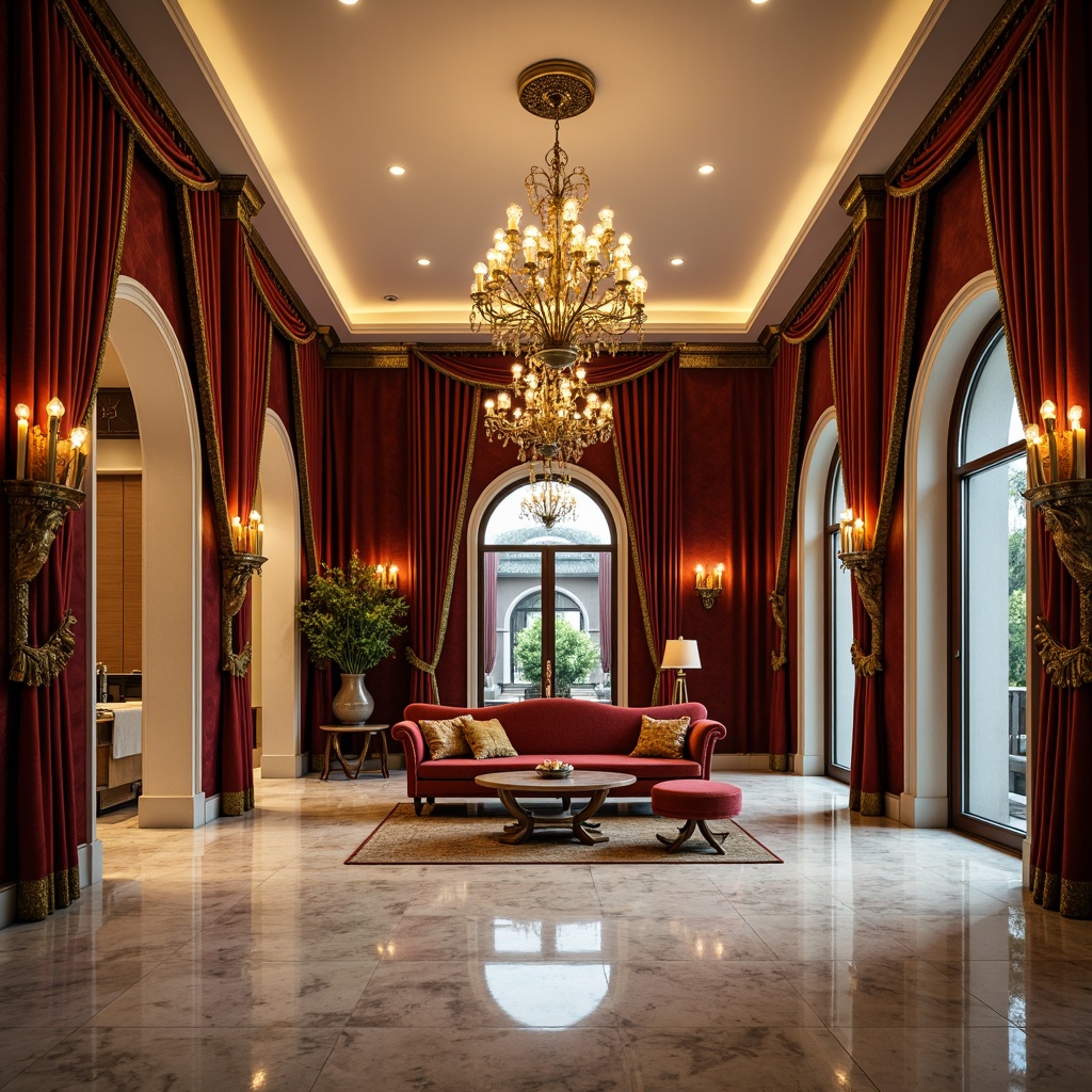 Prompt: Luxurious hotel lobby, grand chandelier, marble flooring, ornate furnishings, velvet drapes, golden accents, lavish textiles, intricate patterns, elegant archways, sophisticated color palette, ambient warm lighting, shallow depth of field, 3/4 composition, realistic reflections, detailed normal maps.