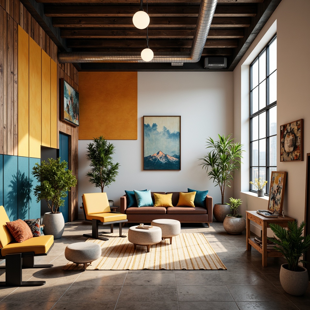 Prompt: Vibrant modern art studio, eclectic furniture pieces, bold accent walls, rich wood tones, industrial metal accents, soft pastel hues, creamy whites, deep blues, warm golden lighting, atmospheric misty effects, shallow depth of field, 1/1 composition, realistic textures, ambient occlusion.