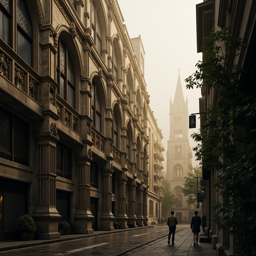 Prompt: Intricate stone carvings, grandiose cathedral-inspired architecture, ornate gargoyles, stained glass windows, ribbed vaults, flying buttresses, pointed arches, mystical atmosphere, misty foggy day, dramatic warm lighting, high contrast shading, 1/2 composition, symmetrical view, detailed textures, ambient occlusion, mysterious shadows.