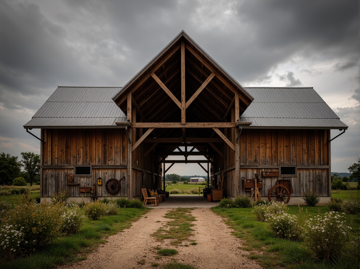 Prompt: Rustic barn, wooden beams, exposed trusses, corrugated metal roofs, weathered wood textures, vintage farm tools, rural landscape, overcast sky, dramatic lighting, low-angle shot, 1/2 composition, symmetrical framing, warm color palette, natural materials, earthy tones, distressed finishes, functional architecture, minimalist decor, nostalgic ambiance, countryside scenery, rolling hills, wildflowers.