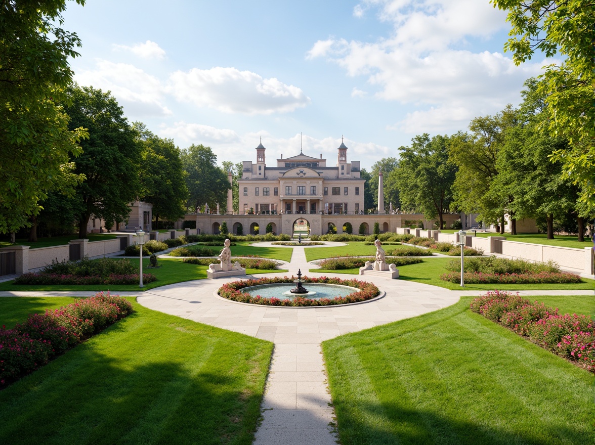 Prompt: Historic monument, grand academic structure, lush green lawns, walking paths, ornate fountains, vibrant flowerbeds, majestic trees, natural stone walls, bronze sculptures, intricately designed gates, memorial plaques, symmetrical landscaping, formal gardens, serene ambiance, warm sunny day, soft diffused lighting, shallow depth of field, 1/1 composition, realistic textures, ambient occlusion.