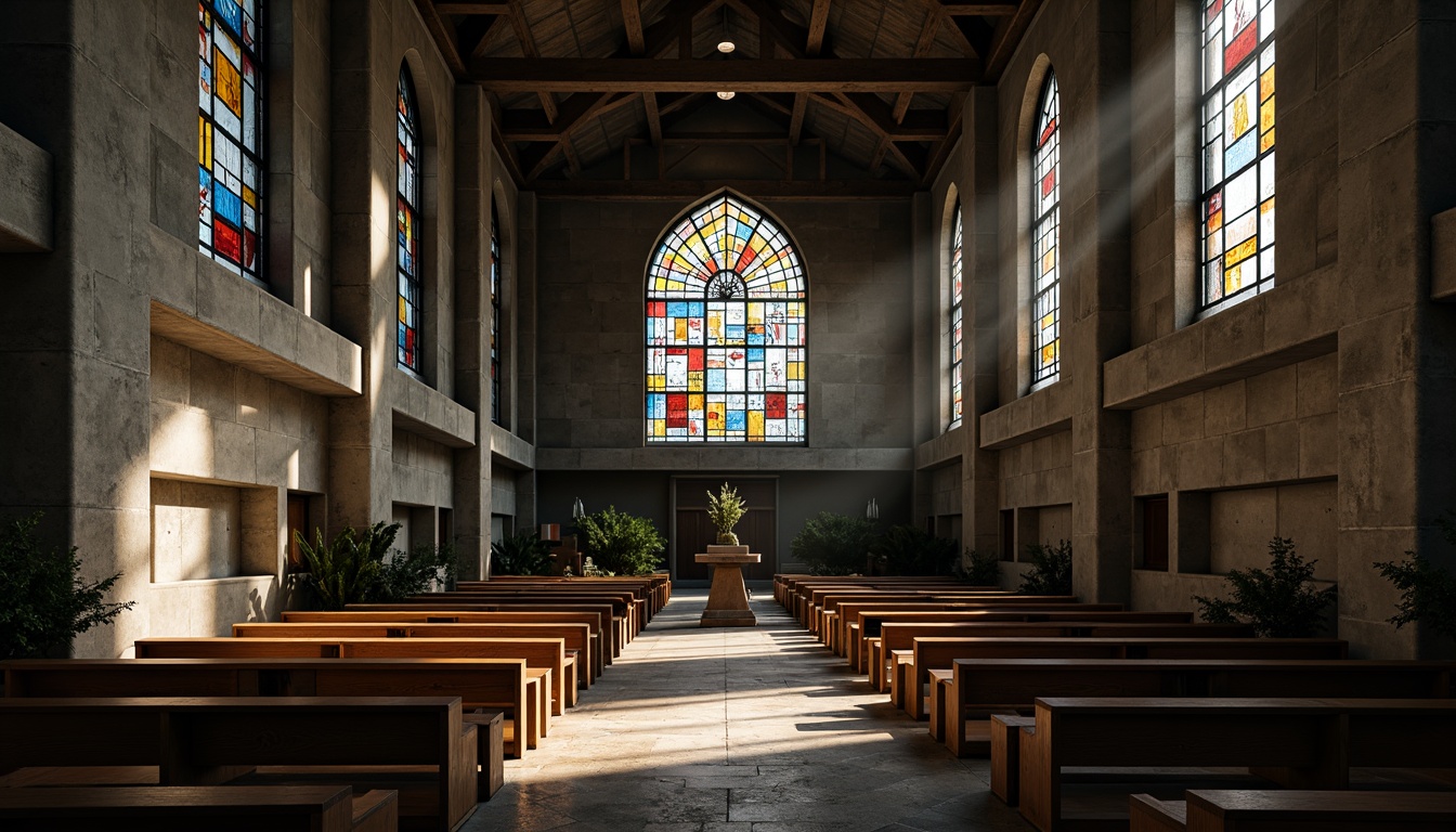 Prompt: Somber church interior, brutalist architecture, rugged concrete walls, industrial-style lighting, bold color palette, deep blues, rich reds, earthy browns, vibrant yellows, stark whites, dramatic shadows, abstract stained glass windows, geometric patterns, minimalist decor, sacred symbols, solemn atmosphere, natural stone flooring, raw wooden pews, grandiose vaulted ceilings, diffused soft light, warm golden tones, 1/1 composition, realistic textures, ambient occlusion.