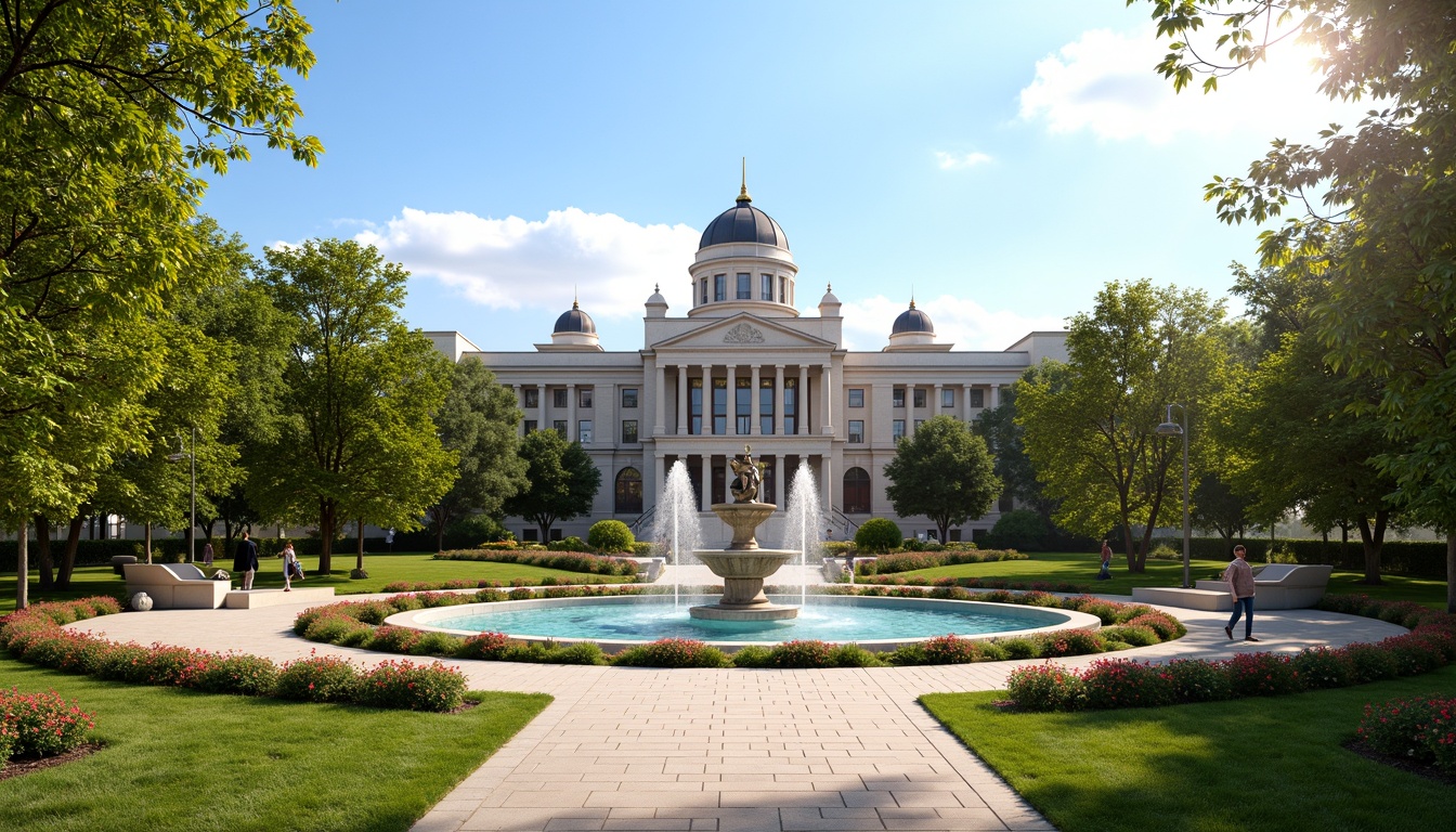 Prompt: Manicured lawns, ornate fountains, walking paths, blooming flowers, majestic courthouse building, neoclassical architecture, columns, arches, dome roof, marble statues, historic landmarks, vibrant seasonal colors, warm afternoon sunlight, soft shadows, 1/2 composition, symmetrical framing, realistic textures, ambient occlusion.