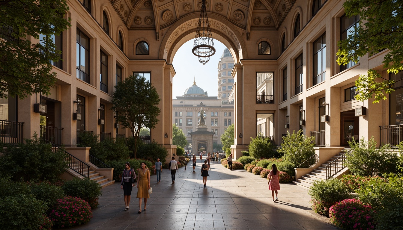 Prompt: Grand Romanesque metro station, ornate stone archways, intricate carvings, vaulted ceilings, grand staircases, elegant chandeliers, lush greenery, vibrant flowers, natural stone flooring, warm ambient lighting, soft shadows, 3/4 composition, symmetrical architecture, panoramic view, realistic textures, ambient occlusion, bustling urban atmosphere, morning commuters, cityscape backdrop.