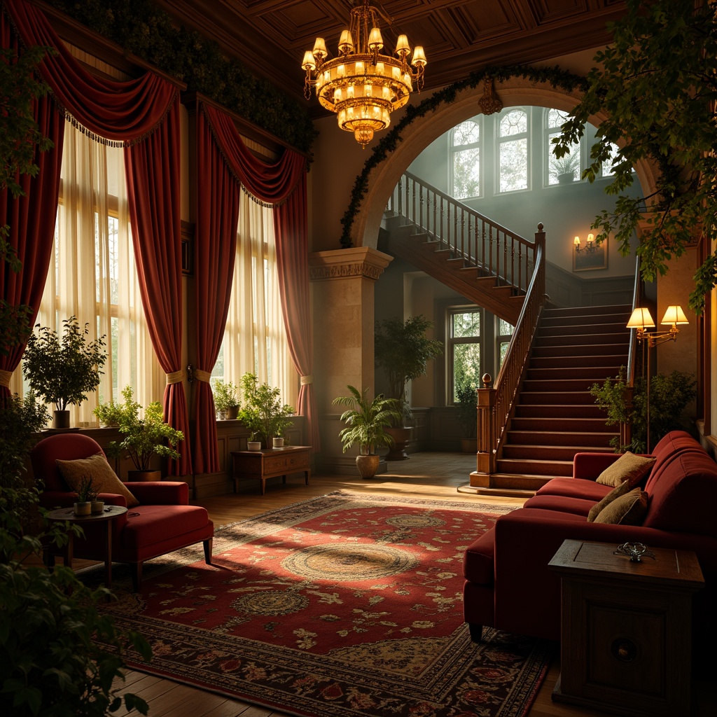 Prompt: Warm candlelit atmosphere, soft golden lighting, lush greenery, ornate wooden furniture, velvet drapes, lavish textiles, intricate carvings, grandiose chandeliers, majestic staircases, opulent furnishings, mysterious shadows, atmospheric fog, cinematic composition, shallow depth of field, 1/1 aspect ratio, natural stone walls, rustic brick floors, rich jewel-toned colors, vintage decorative accents, antique artifacts, nostalgic ambiance.