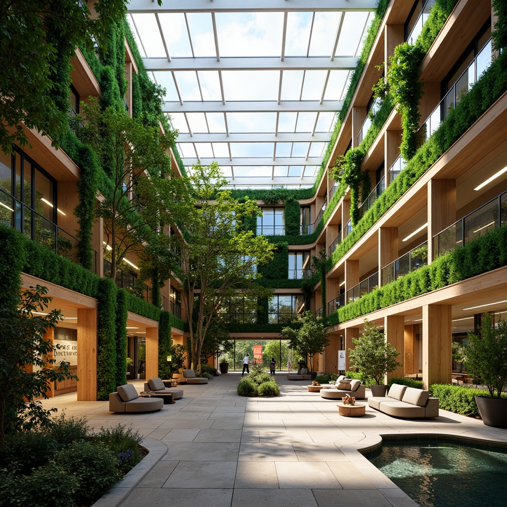 Prompt: Vibrant green walls, living trees, natural stone floors, wooden accents, organic shapes, abundant daylight, clerestory windows, transparent roofs, botanical gardens, water features, soothing soundscapes, warm ambient lighting, comfortable seating areas, minimalist signage, modern architecture, curved lines, open spaces, airy atmosphere, soft color palette, 1/1 composition, shallow depth of field, realistic textures, ambient occlusion.