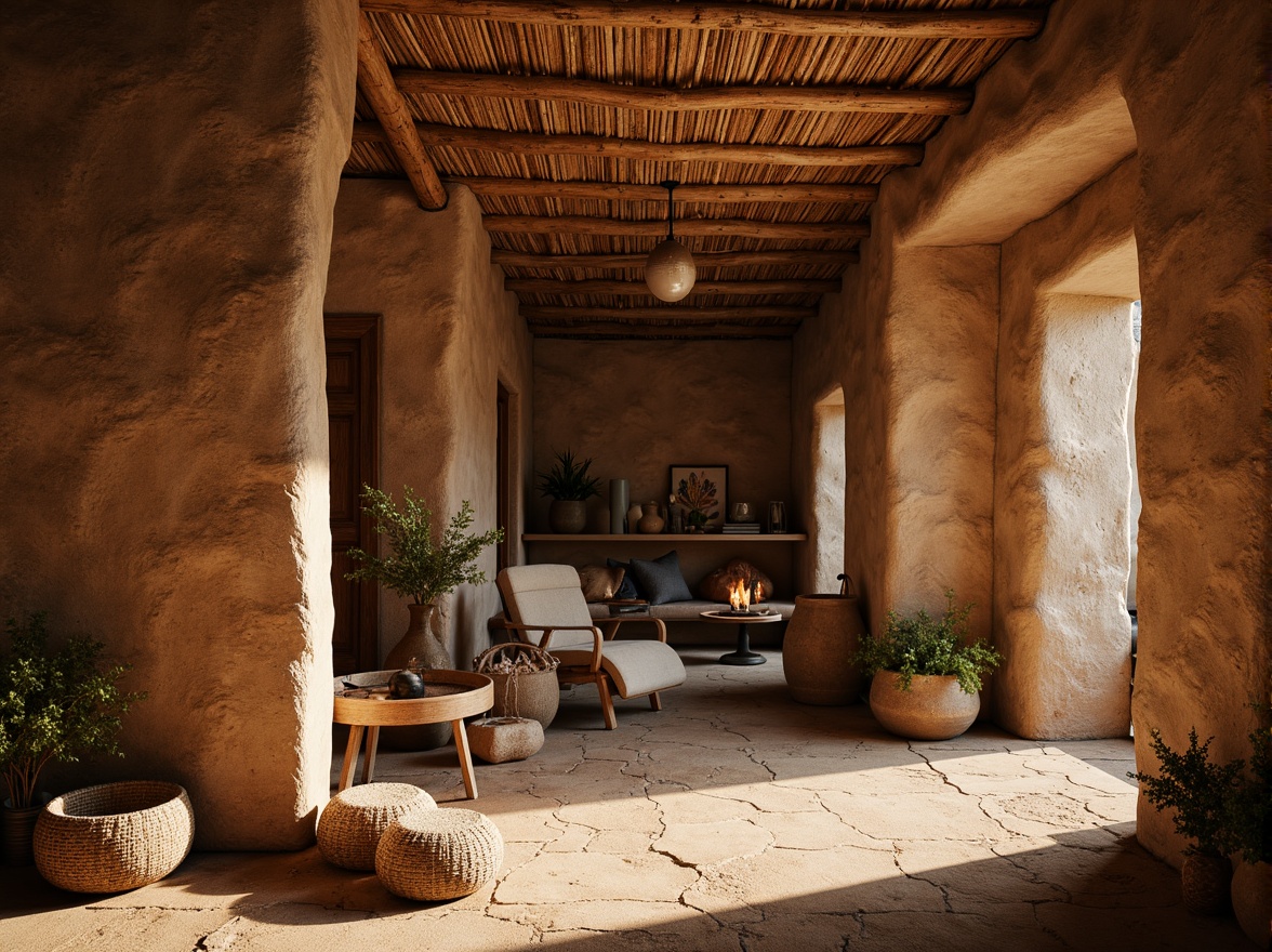 Prompt: Earthy mud walls, rustic textures, organic forms, natural materials, earthy tones, rough-hewn details, primitive architecture, tribal-inspired patterns, woven fibers, coarse aggregates, uneven surfaces, dramatic shadows, warm ambient lighting, shallow depth of field, 1/1 composition, realistic renderings, subtle color gradations.