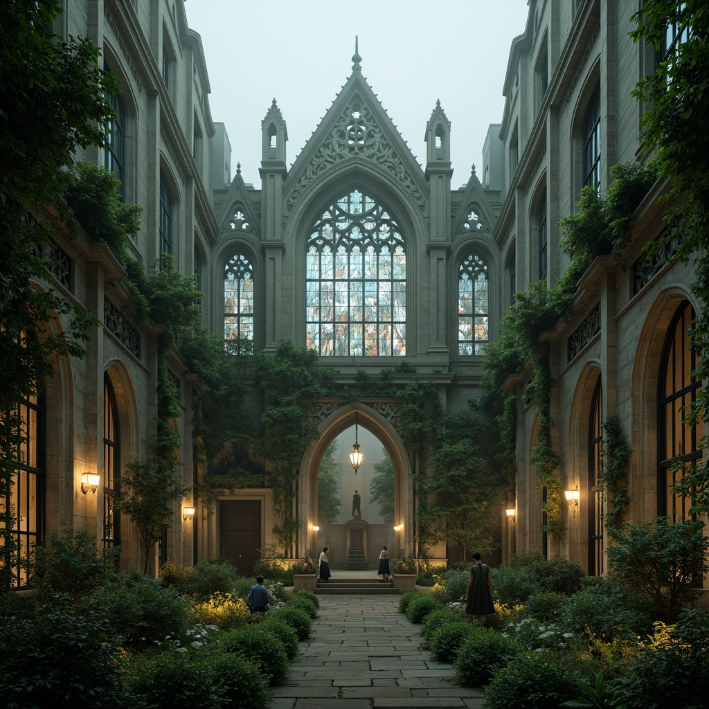 Prompt: Mysterious Gothic cathedral, grandiose architecture, intricate stone carvings, stained glass windows, lush greenery surroundings, misty foggy atmosphere, overgrown vines, moss-covered statues, ancient ruins, mysterious artifacts, mystical ambiance, soft warm lighting, dramatic shadows, 1/1 composition, symmetrical view, detailed textures, ambient occlusion.