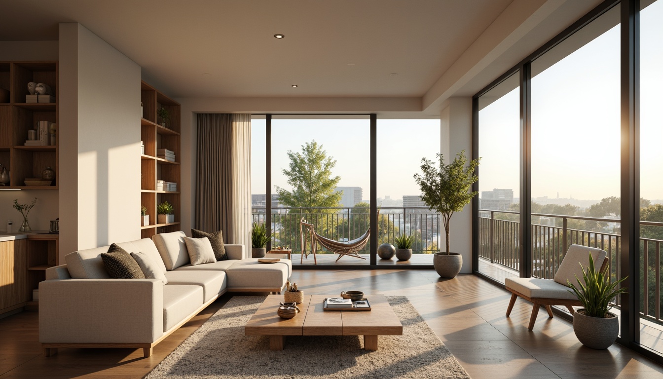 Prompt: Minimalist living room, neutral color palette, natural textures, wooden accents, floor-to-ceiling windows, sliding glass doors, cozy reading nooks, plush area rugs, ambient soft lighting, 1/2 composition, shallow depth of field, warm afternoon sunlight, comfortable seating areas, greenery views, urban cityscape, modern apartment building, high-rise residential architecture, sleek metallic balcony railings, functional storage solutions, ergonomic furniture design, calming color scheme, acoustic soundproofing, smart home automation systems.