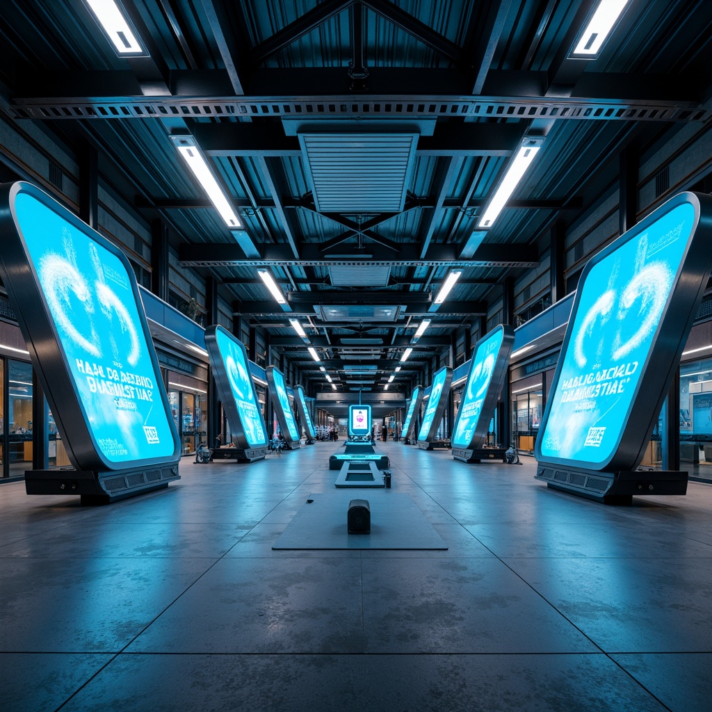 Prompt: Futuristic tram station, sleek metal beams, neon-lit advertisements, glowing LED lights, vibrant electric blue accents, polished chrome fixtures, modern minimalist design, large glass windows, high-ceilinged interior, industrial-chic concrete floors, dynamic diagonal lines, metallic silver surfaces, ambient luminescent lighting, shallow depth of field, 1/1 composition, panoramic view, realistic reflections, subtle gradient effects.