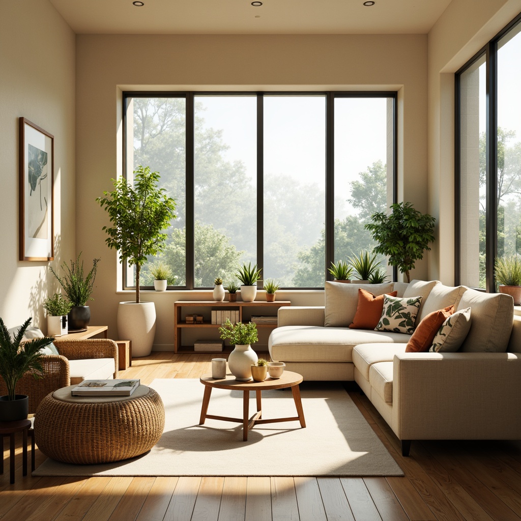 Prompt: Minimalist interior design, floor-to-ceiling windows, natural lighting, soft warm glow, wooden floors, creamy walls, plush furniture, greenery, potted plants, botanical patterns, nature-inspired color palette, earthy tones, organic textures, effortless elegance, open-plan living, airy atmosphere, gentle shadows, 1/2 composition, shallow depth of field, realistic renderings.