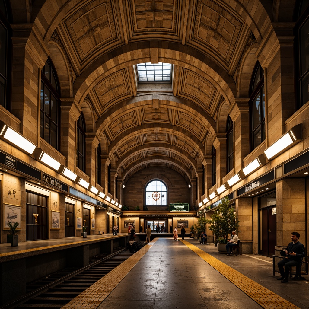 Prompt: Grand metro station, Romanesque architecture, rustic stonework, arches and vaults, ornate carvings, grandiose ceilings, intricate masonry patterns, warm beige stone, rough-hewn granite, industrial-era charm, dimly lit tunnels, vintage metalwork, distressed brick walls, classical-inspired columns, high-contrast dramatic lighting, 1/2 composition, cinematic atmosphere, realistic textures, subtle ambient noise.