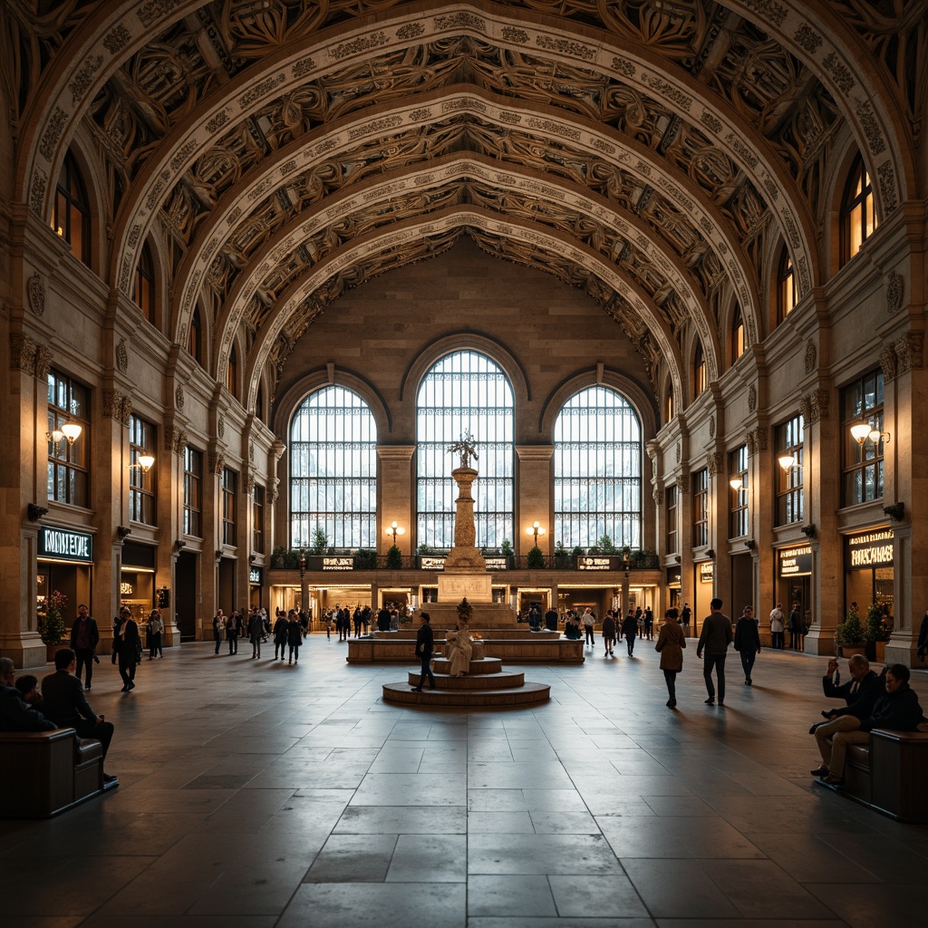 Prompt: Grand metro station, Romanesque archways, ornate stone carvings, vaulted ceilings, large windows, natural light, bustling atmosphere, modern urban transportation hub, sleek metal railings, intricate tile work, warm ambient lighting, shallow depth of field, 3/4 composition, panoramic view, realistic textures, ambient occlusion.