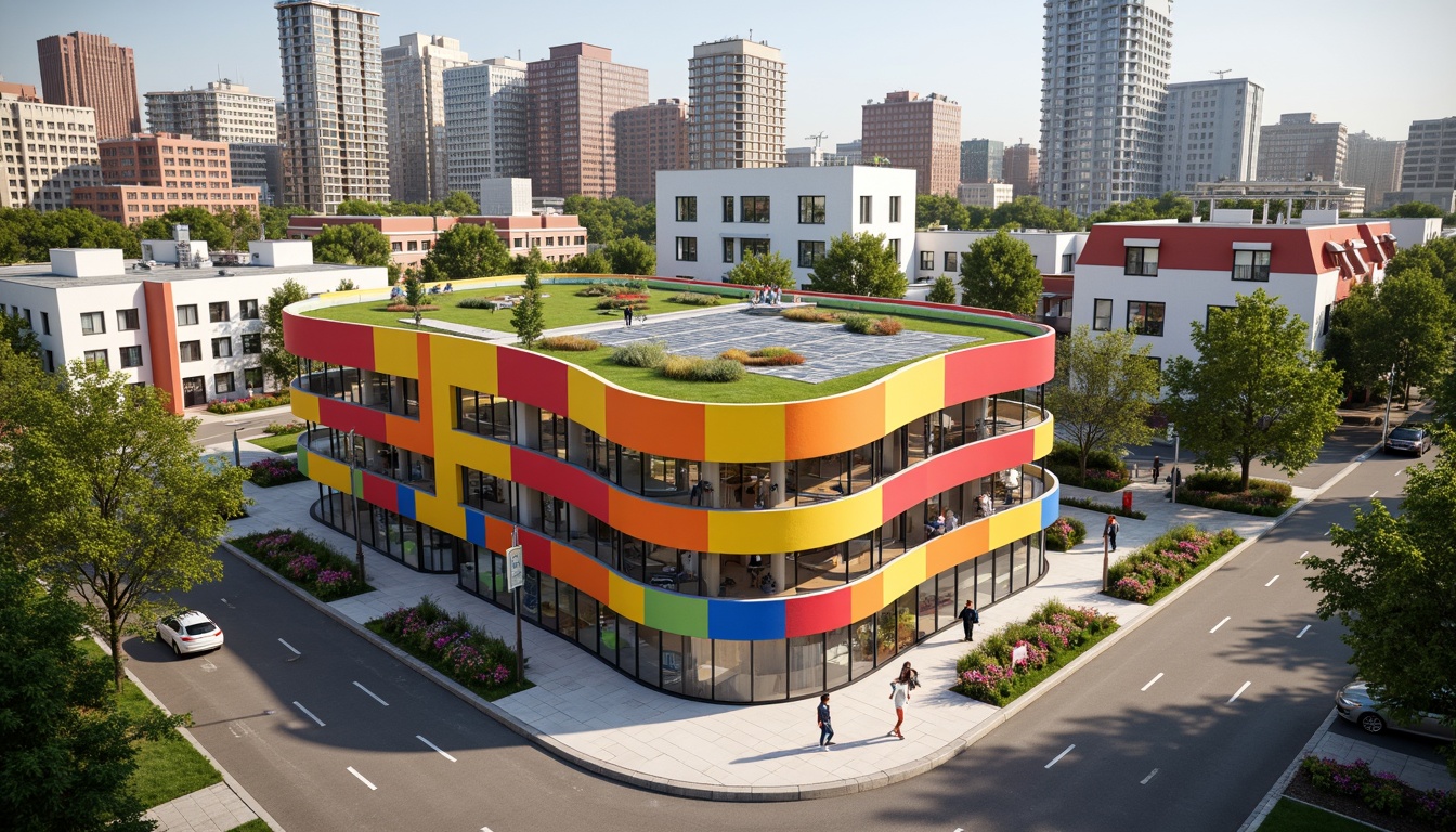 Prompt: Vibrant kindergarten building, playful color scheme, curved lines, modern architecture, green roof, solar panels, urban surroundings, bustling city streets, pedestrian pathways, street art murals, eclectic neighborhood vibe, mixed-use development, community engagement spaces, accessible ramps, natural light-filled classrooms, educational signage, interactive outdoor play areas, safety fences, urban gardens, flowering trees, sunny day, soft warm lighting, shallow depth of field, 3/4 composition, realistic textures, ambient occlusion.