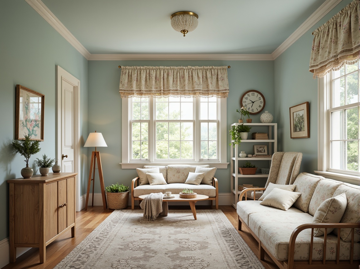 Prompt: Soft powder blue walls, creamy white trim, warm beige furniture, natural wood accents, delicate floral patterns, intricate lace details, vintage decorative accessories, cozy reading nook, plush area rugs, abundant natural light, gentle diffused lighting, shallow depth of field, 1/2 composition, intimate atmosphere, realistic textures, ambient occlusion.