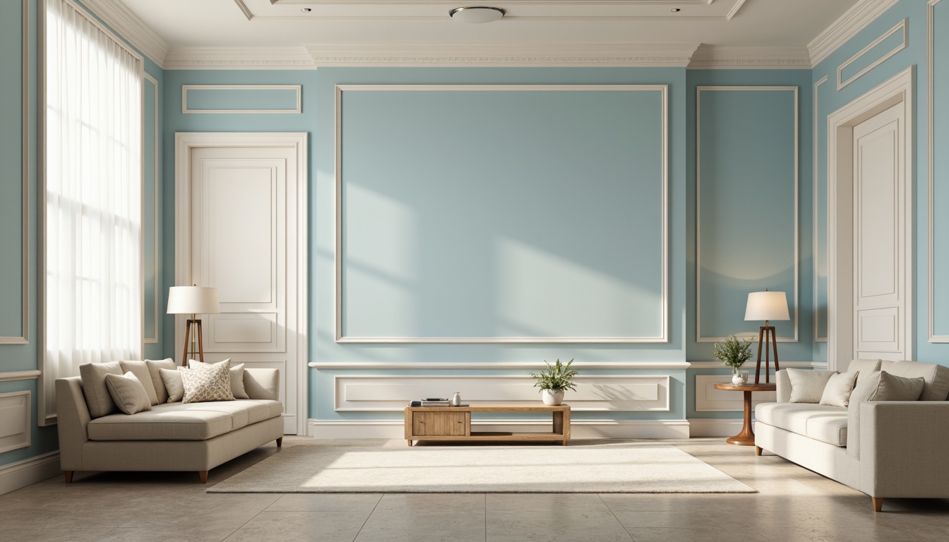 Prompt: Soft powder blue walls, creamy white trim, warm beige floors, elegant furnishings, luxurious velvet upholstery, subtle gold accents, refined minimalist decor, serene atmosphere, natural light pouring in, sheer curtains, gentle shadows, 1/1 composition, softbox lighting, realistic materials, ambient occlusion.