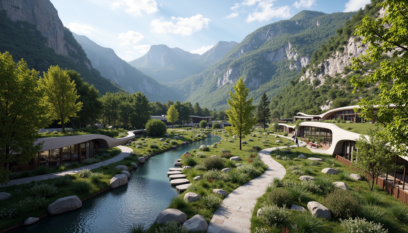 Prompt: Mountainous backdrop, lush green forests, meandering rivers, natural stone formations, futuristic fusion architecture, curved metallic lines, translucent glass fa\u00e7ades, cantilevered structures, verdant rooftops, solar panels, wind turbines, water features, stepping stones, organic shapes, fluidic patterns, harmonious color palette, soft diffused lighting, shallow depth of field, 3/4 composition, panoramic view, realistic textures, ambient occlusion.Please let me know if this meets your requirements!