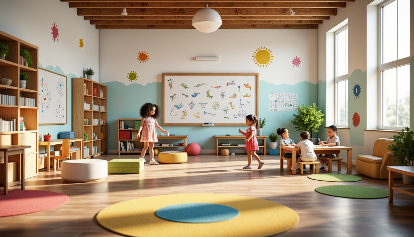 Prompt: Vibrant kindergarten interior, playful learning zones, interactive whiteboards, collaborative desks, colorful rug areas, cozy reading nooks, educational toy stations, child-friendly furniture, natural wood accents, soft pastel colors, warm LED lighting, shallow depth of field, 1/1 composition, realistic textures, ambient occlusion, whimsical wall decals, fun geometric patterns.