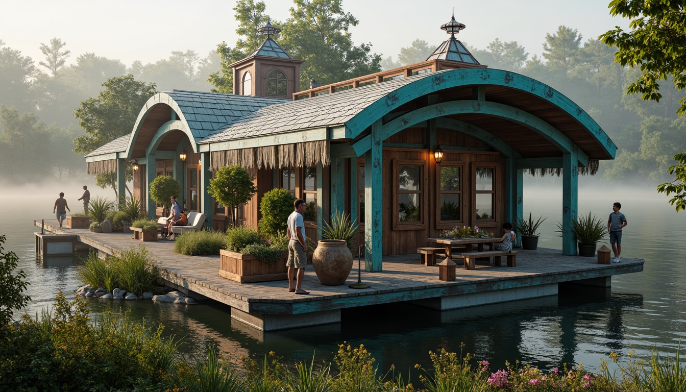 Prompt: Whimsical boathouse, eclectic roof design, curved wooden shingles, vibrant turquoise accents, nautical rope details, distressed wood textures, vintage navigation instruments, rustic metal lanterns, overflowing flower boxes, lush greenery, tranquil lake surroundings, misty morning atmosphere, soft warm lighting, shallow depth of field, 1/2 composition, intimate framing, realistic water reflections, ambient occlusion.